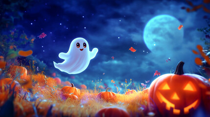 A charming ghost floats joyfully under the moonlight, surrounded by glowing pumpkins on a delightful Halloween night, capturing the essence of childhood wonder