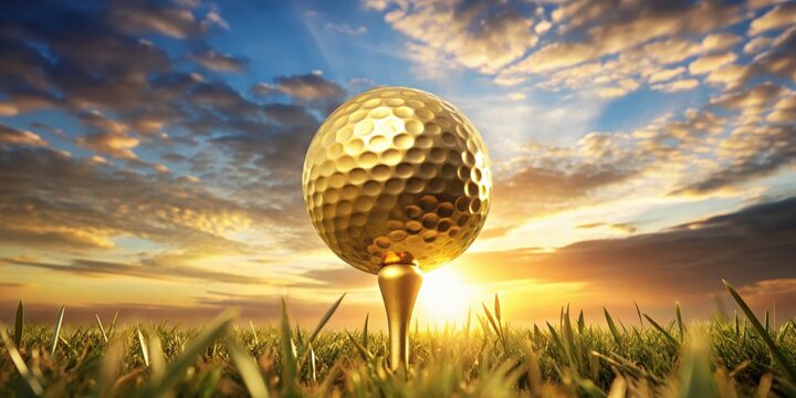 A gold golf ball and pins set against a bright sky, symbolizing the ultimate victory in golf