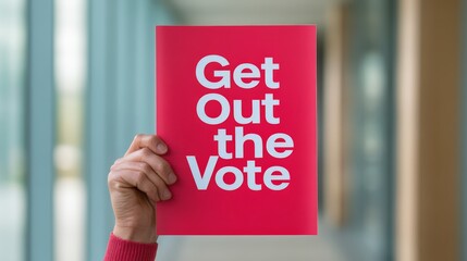Close-up of a hand holding a flyer with "Get Out the Vote" printed in bold letters