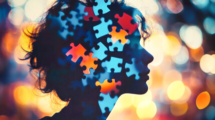 A colorful silhouette blends with puzzle pieces, symbolizing the intricate layers of thought and personality in a striking visual narrative