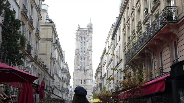 Christmas in Paris Girl in Gray Beret Walking Along Decorated Streets