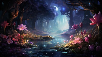 Naklejka premium A magical illustration of a moon garden with nocturnal flowers and shimmering ponds