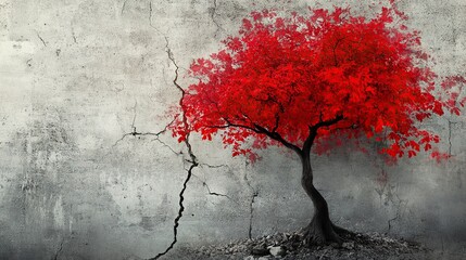 A solitary red tree stands against a cracked gray wall, symbolizing resilience and beauty in a harsh environment.