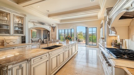 A spacious, elegant kitchen featuring marble countertops and large windows overlooking a scenic view.