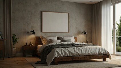 Cozy bedroom with a blank canvas on the wall.