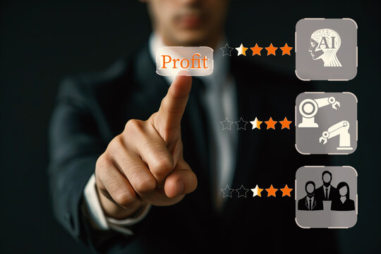 Businessmen are choosing between, machines, human labor, or "AI" technology for corporate profits.