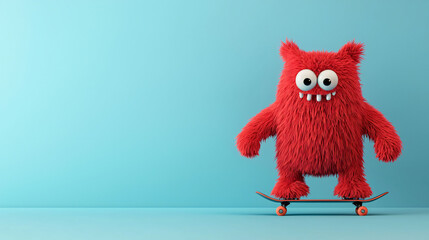 Fototapeta premium Furry red monster skateboarding with animated tricks on blue background, showcasing playful and energetic vibe. This 3D character brings joy and fun to any scene