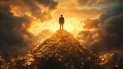 Fototapeta premium A businessman stands atop a mountain of gold coins, representing ultimate business success and achievement under a warm sunrise.