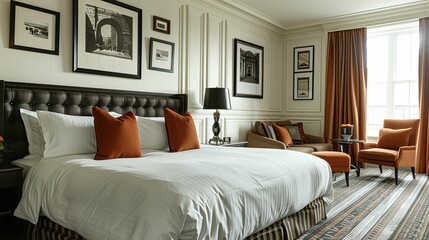 Luxurious Hotel Bedroom with Large Bed, Orange Pillows, and a Window with Brown Curtains