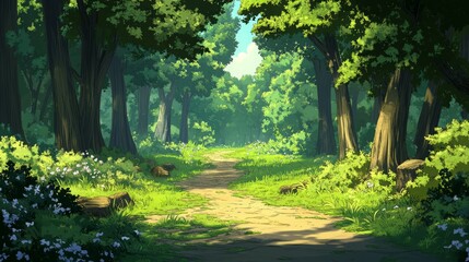 Naklejka premium A lush green forest path leads into the unknown.