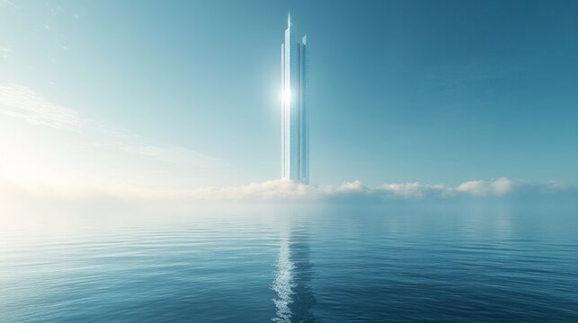 A business tower emerging from the ocean represents resilience and adaptability in business success, with soft mist adding to the mystical ambiance.
