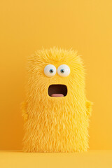 Fototapeta premium Furry yellow monster with wide eyes and an open mouth, expressing surprise against bright yellow background. This playful character adds fun and whimsical touch to any design
