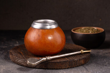 calabash and bombilla on a wooden board, mock-up, close-up