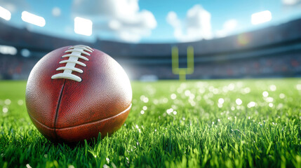 The American football sits prominently on lush green grass, reflecting light, with a blurred stadium backdrop evoking anticipation for the next big play