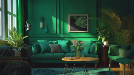Cozy living room with a green color, warm lighting, and a green-patterned rug, Green color living room empty a green single chair and a beautiful lush red palm tree background