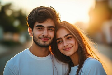 A close-up portrait of a young Indian or Pakistani couple wearing casual t-shirts, with a blurred background.