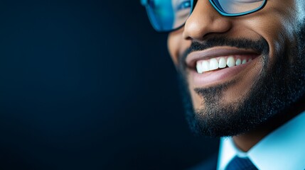 Fototapeta premium A close-up shot of a successful businessman's smiling face, showcasing confidence, professionalism, and a positive attitude.