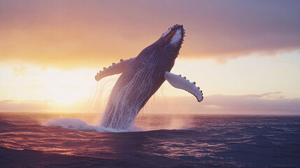 Humpback Whale Breaching at Sunset © Panida