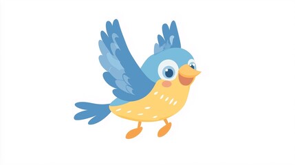 Cute blue and yellow bird cartoon character flying, simple vector graphic on a white background