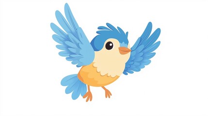 Cute blue and yellow bird cartoon character flying, simple vector graphic on a white background