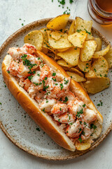 A lobster roll on a plate with potato chips, aerial view, light beige background.