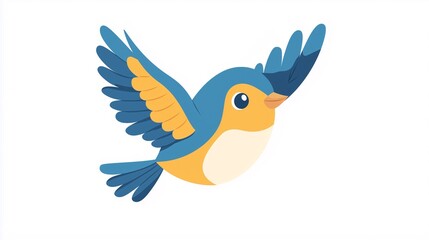 Obraz premium Cute blue and yellow bird cartoon character flying, simple vector graphic on a white background