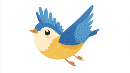 Cute blue and yellow bird cartoon character flying, simple vector graphic on a white background
