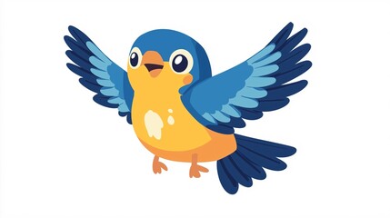 Cute blue and yellow bird cartoon character flying, simple vector graphic on a white background