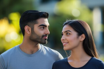 Obraz premium A close-up portrait of a young Indian or Pakistani couple wearing casual t-shirts, with a blurred background.