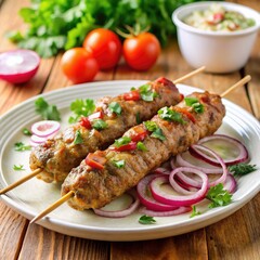 Delicious lula kebab served on a white plate with fresh vegetables and sauce. Generative AI