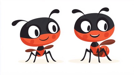 Fototapeta premium Cute ant cartoon character, with red and black stripes, smiling with large eyes