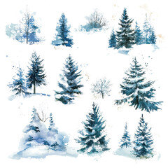 Obraz premium A collection of beautifully painted watercolor trees in winter, showcasing deep greens and soft whites against a snowy background., isolated on a transparent background.