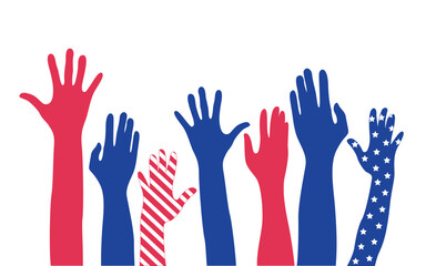 Obraz premium Colorful hands of crowd in air in a vote event. Vote day. Hands calling to election voting.