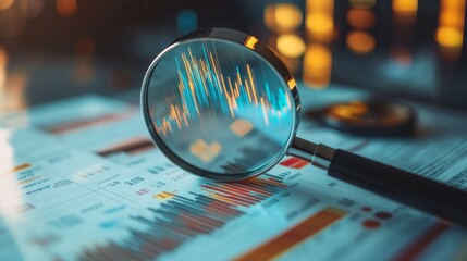 A close-up view of a magnifying glass focusing on financial charts and graphs on a desk.