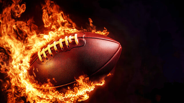 A rugby ball is engulfed in flames, set against a stark black background. The composition conveys intense energy and captures the spirit of the game