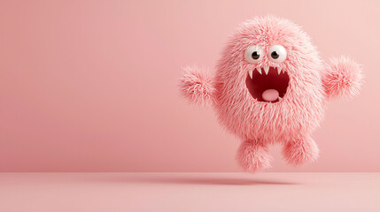 Fluffy pink monster hopping joyfully across soft pink background, showcasing its playful and vibrant character. This adorable creature brings sense of fun and whimsy to any setting
