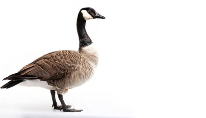 Fototapeta premium Canada goose - Branta canadensis - is a large wild goose with a black head and neck, white cheeks, white under its chin, and a brown body. Isolated on white background with copy space. Standing side