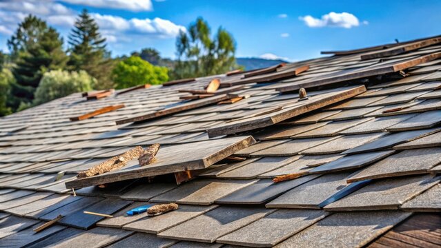 Stock photo of roof shingle damage caused by wind