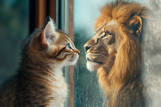A cute kitten looking in the mirror and seeing an elegant lion reflection