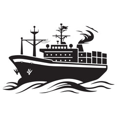 Electric steamer silhouette illustration, Tugboat ship silhouette illustration isolated on white background