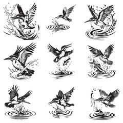 River Kingfisher Clipart Silhouette - Common Kingfisher Catching a fish Silhouette illustration in a White Background