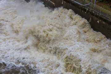 Brno dam reservoir at the time of water release in case of flood risk. Svratka River Brno Czech Republic