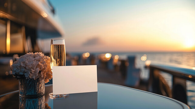 Luxury Yacht Sunset Scene with Champagne and Blank Card Mockup