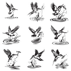 River Kingfisher Clipart Silhouette - Common Kingfisher Catching a fish Silhouette illustration in a White Background