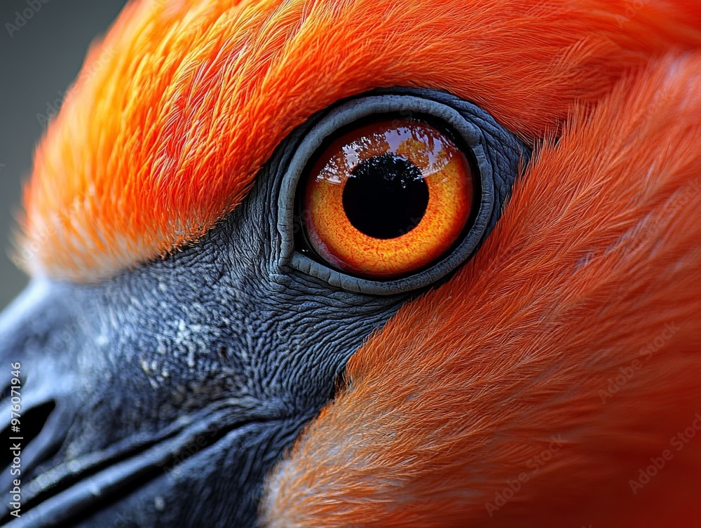 Aufkleber An extreme close-up image captures the vivid and intense eye of a red bird, showcasing the intricate patterns and textures in the bird's feathers and facial features.