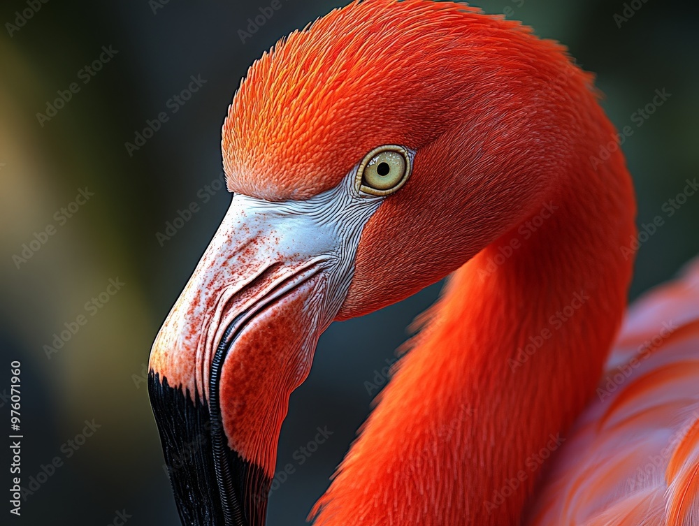 Aufkleber A captivating photograph showing the face of a bright red flamingo, highlighting the intricate textures of its feathers and beak, with a sharp focus on its expressive eye.