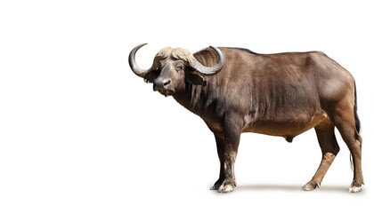 African cape buffalo - Syncerus caffer - a large Saharan bovine that have fused bases, forming a continuous bone shield across the top of the head, referred to as a boss. Isolated on white background
