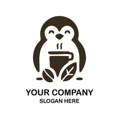 a black and white image of a penguin with a cup of coffee on it.