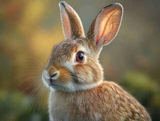 Fototapeta premium A profile view image of a cute rabbit, with its large eyes and longer ears, looking slightly to the side, highlighting its smooth fur and gentle demeanor.