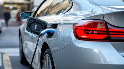 Naklejka premium Electric Vehicle Charging in a Modern Urban Environment During Daylight Hours